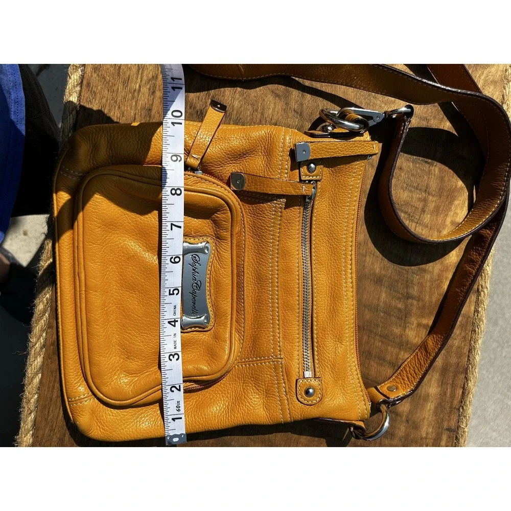 Sophia Caperelli Yellow Pebbled Leather Crossbody Bag Purse Multi Zipper Pockets
